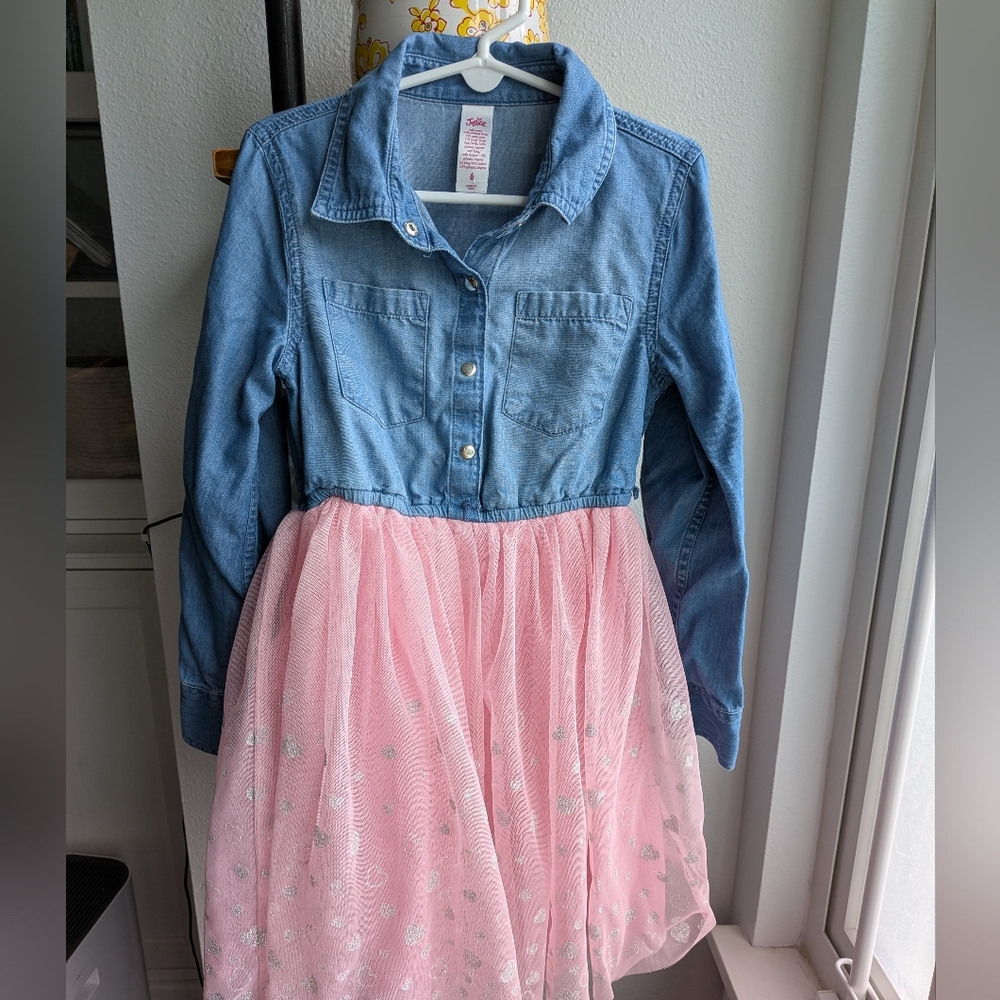 **3 For $12** Justice Girls Denim & Pink Tulle Tutu Dress  Sparkle Hearts